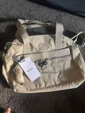 Kipling Light Beige Nylon Shoulder Bag with Monkey Charm